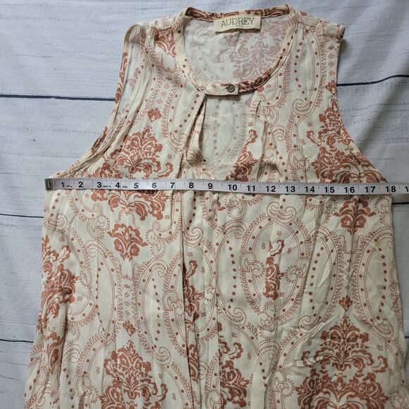 Audrey 3 + 1 Size S Cream Brown Fleur de Lis Print Shift Dress Boho Retro - Picture 5 of 7